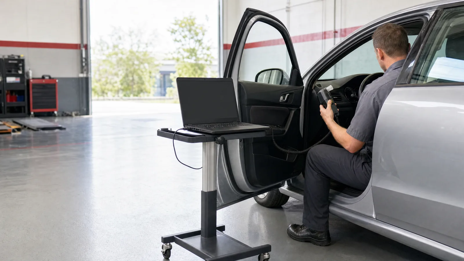 Technician checking an ignition interlock device during a calibration visit